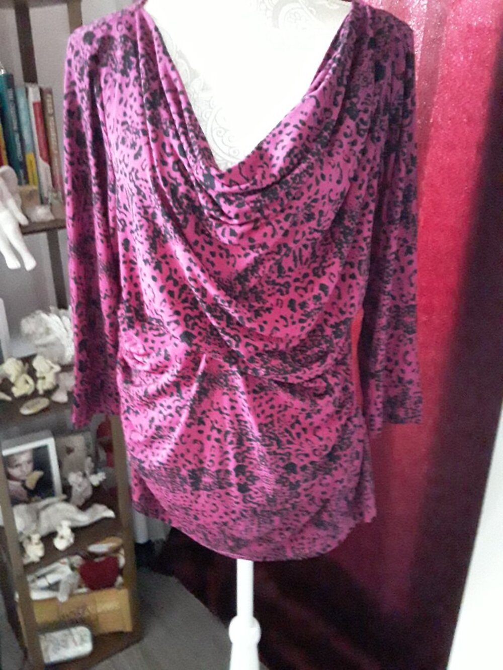 Chaus weighted cowl neck 3/4 sleeve pink and black tunic top size XL